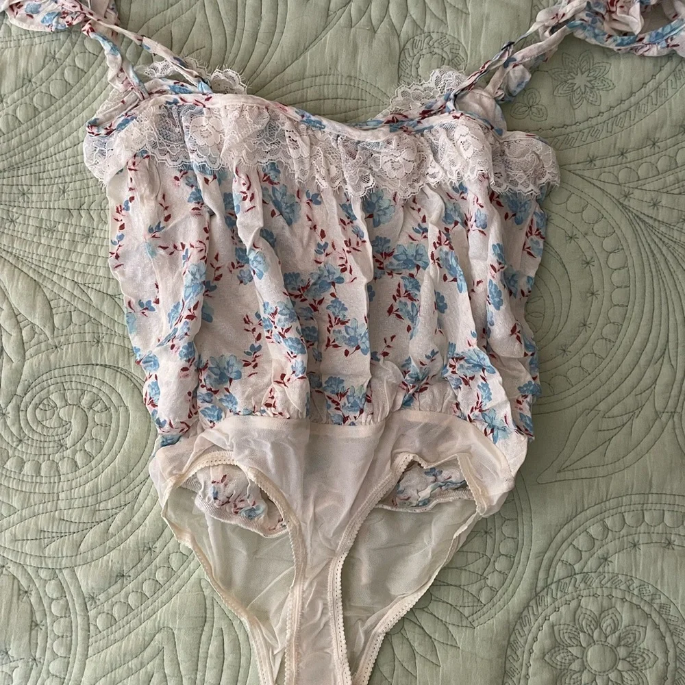 Free People Floral Lace Bodysuit - Cream and Blue